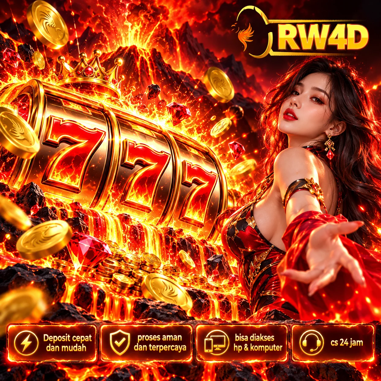 Banner RW4D api dan emas dengan ilustrasi fantasi, karakter, dan ornamen bercahaya