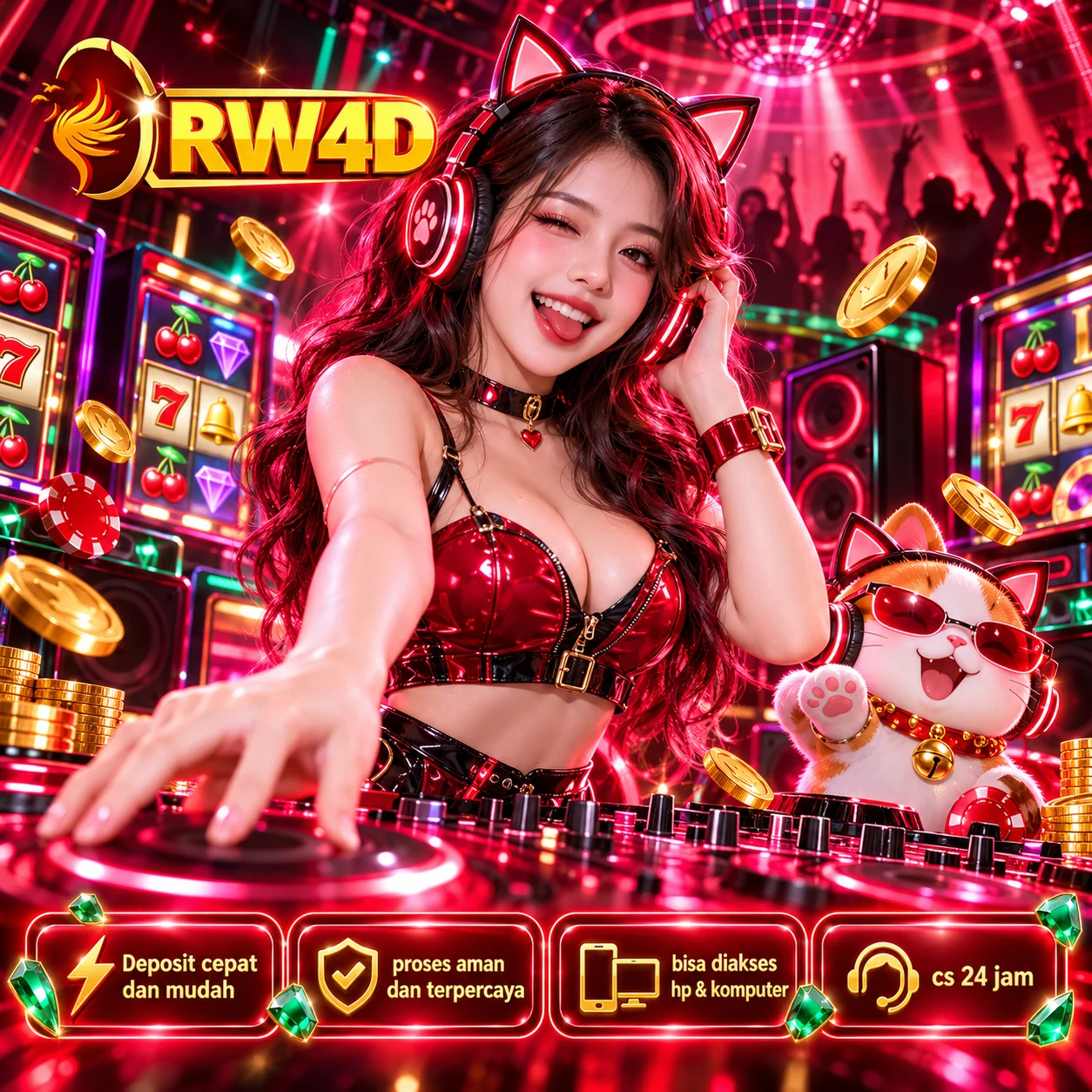 Banner RW4D merah neon dengan karakter menggunakan headphone dan dekorasi panggung musik